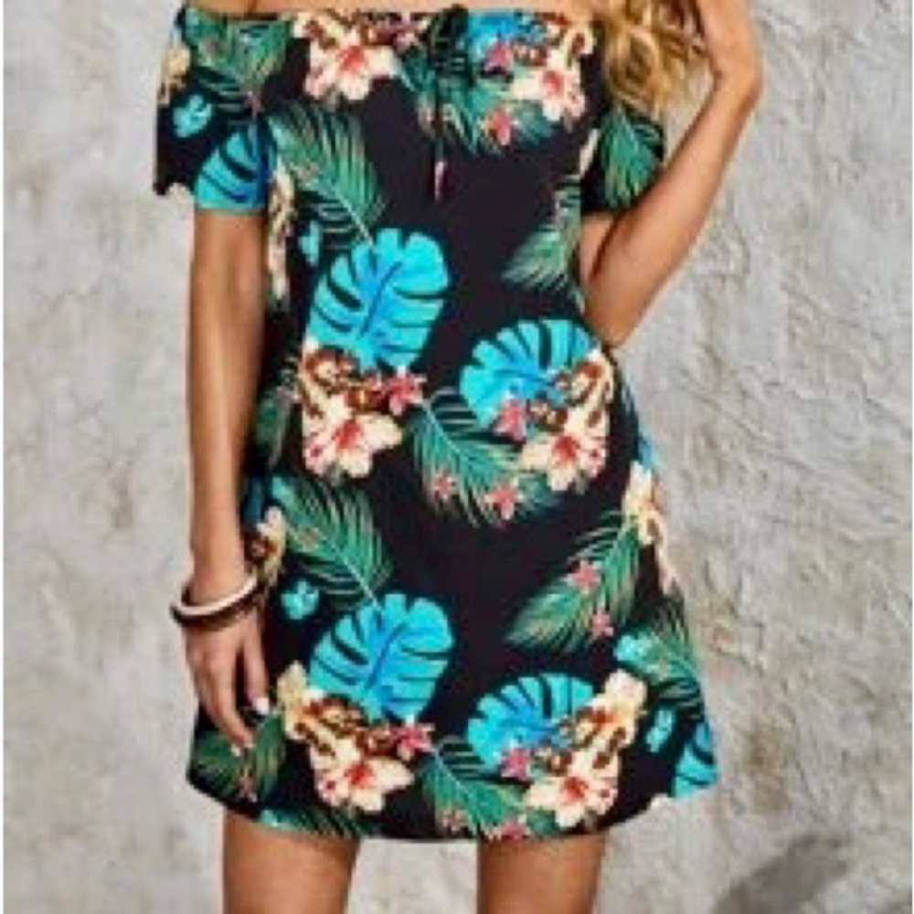 SHEIN VCAY Tropical Print Off Shoulder Knot Front Dress, XL